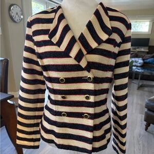 CAbi Striped Double-Breasted Blazer in Cream, Black & Red